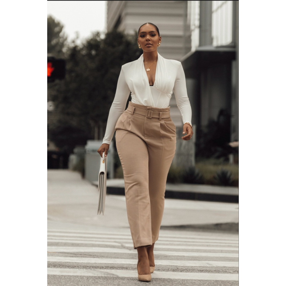 Beige Revival Belted High Waist Pants
